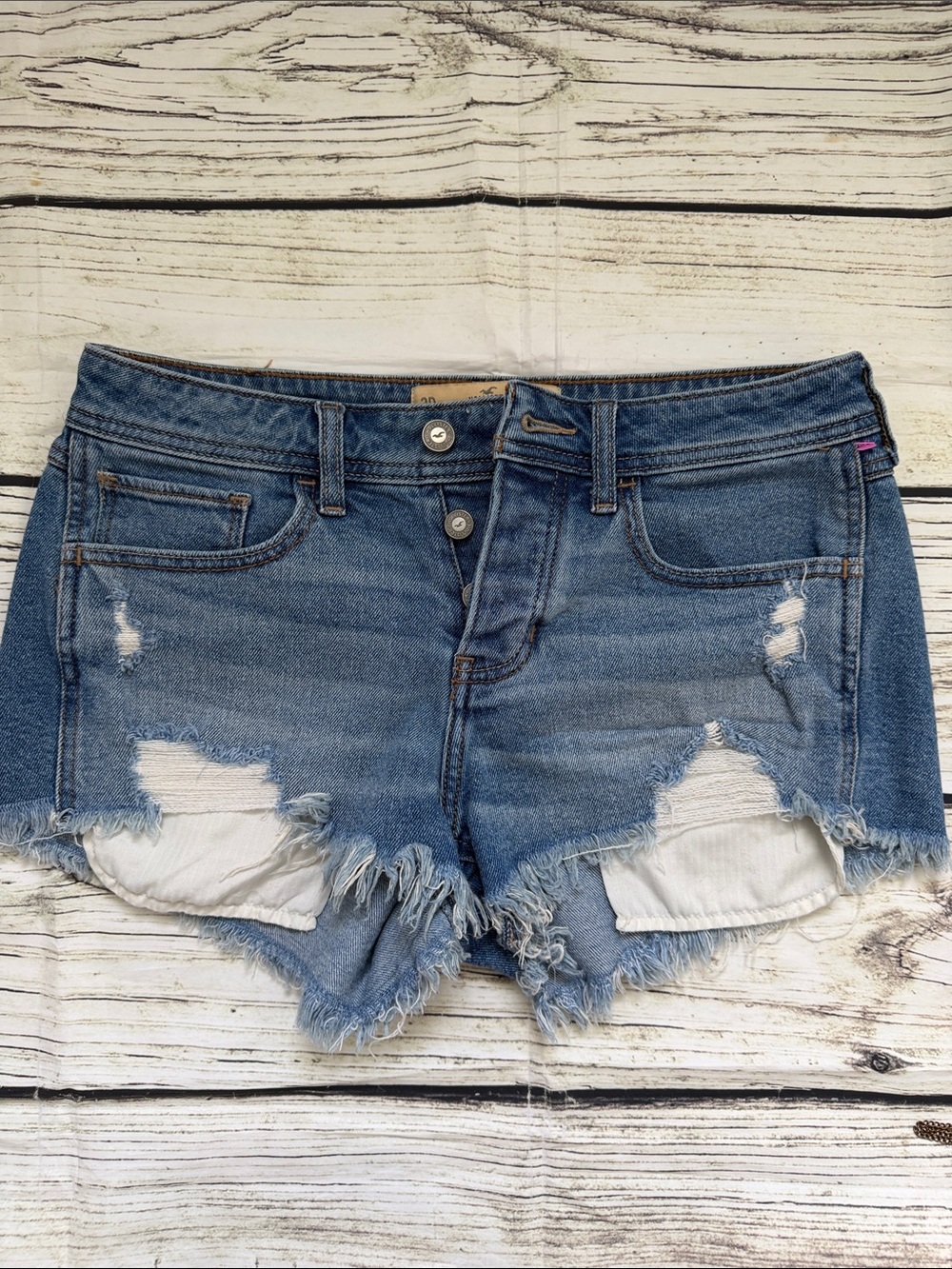 ♡ Hollister Distressed Ripped Low Rise Blue Denim Women's Shorts 3/26